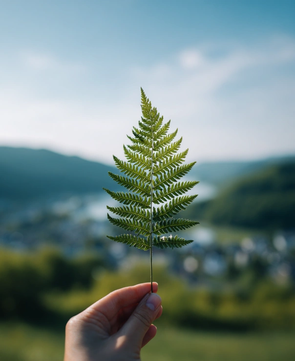 Hand die ein Farnstängel hält