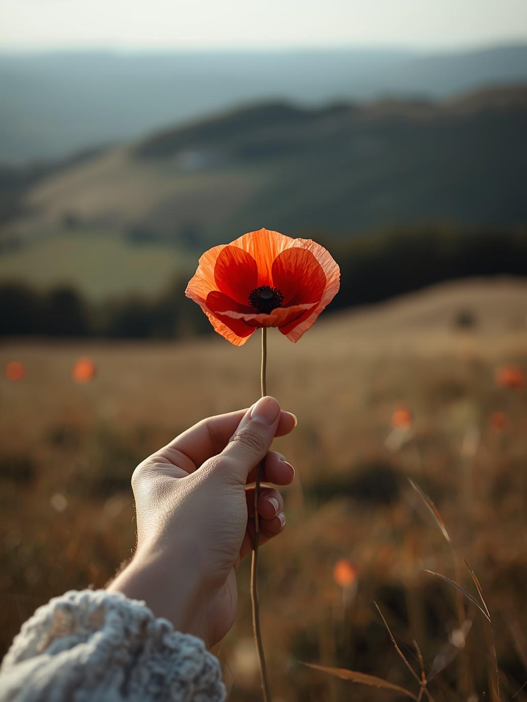 Eine Frauenhand, die eine rote Mohnblume hält (KI-erzeugt)