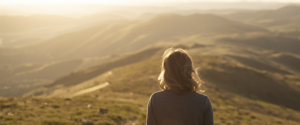 Eine Frau im Morgenlicht, die eine hüglelige Landschaft vor sich sieht